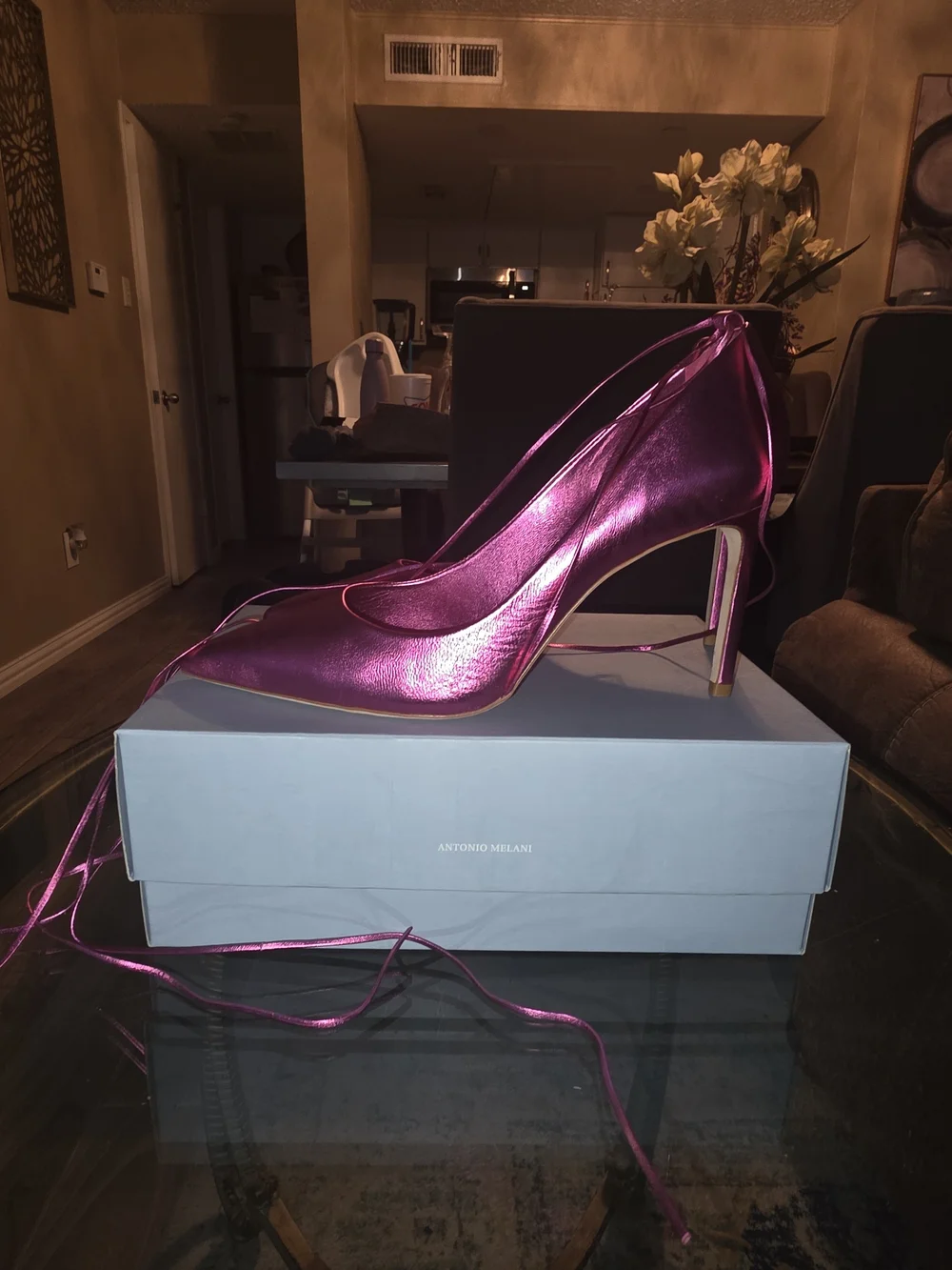 ANTONIO MELANI Metallic Hot Pink Pointed Lace-Up Pumps